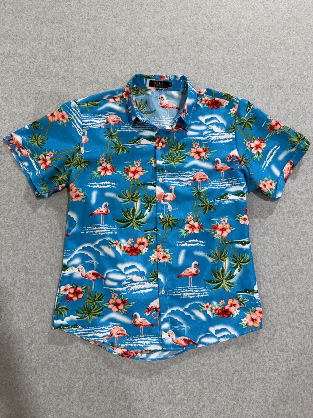 SSLR Mens Large Hawaiian Shirt Blue Pink Flamingos Tropical Palm Hibiscus Floral
